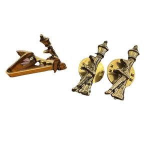 Vintage Lamp Post Cufflinks &‎ Tie Clip Set – Brass – Novelty Menswear